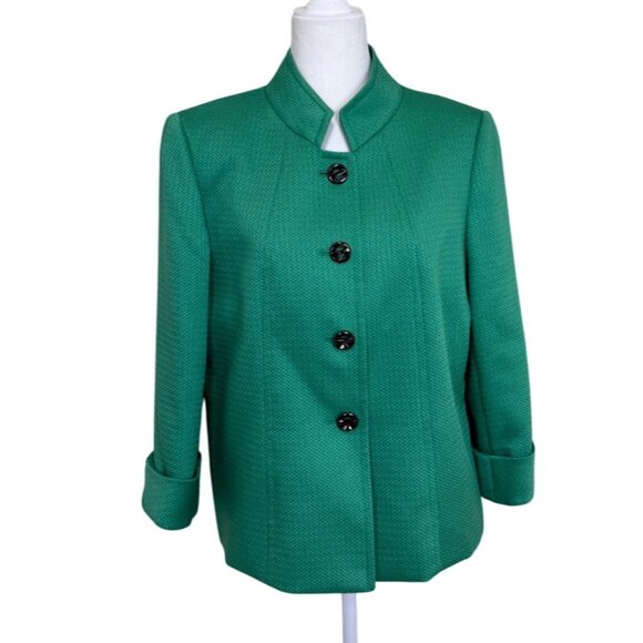 Tahari Blazer Jacket Arthur Levine Textured Kelly Green Mandarin Collar Size 12 - Picture 1 of 7
